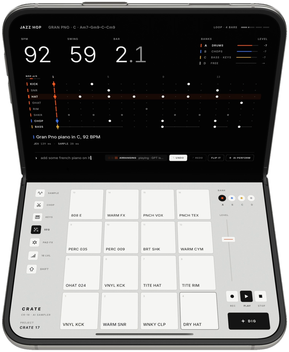 crate running on an iphone duo: a beat on the top screen, 16 pads on the bottom screen.